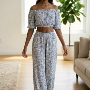 Ensemble pantalon fluide et haut bardot fille motif cachemire bleu déstockage neuf Dakar