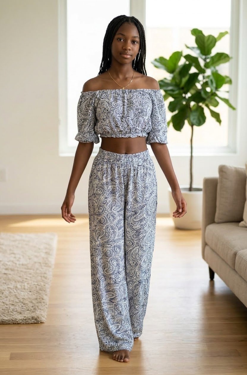 Ensemble pantalon fluide et haut bardot fille motif cachemire bleu déstockage neuf Dakar