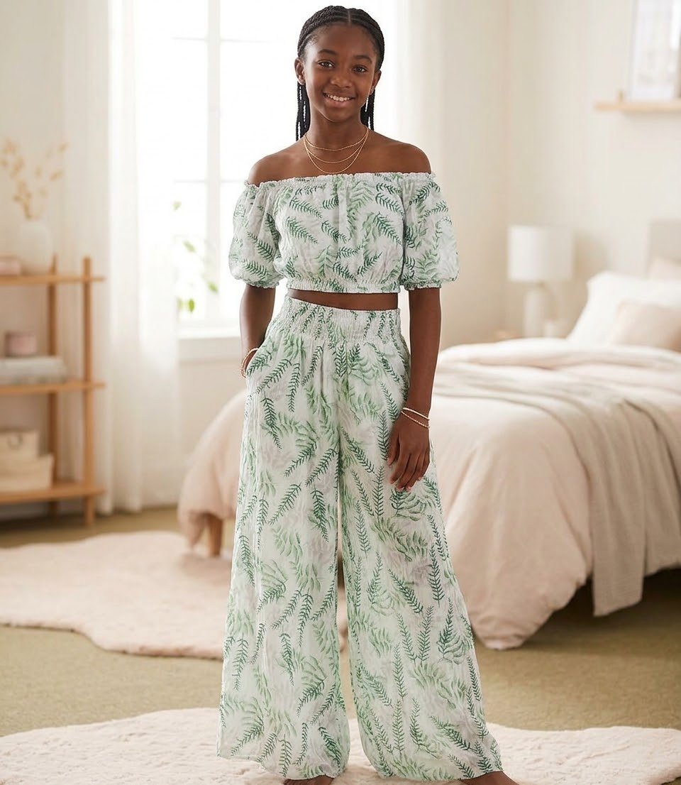 Ensemble deux pièces ado fille vert imprimé feuillage crop top et pantalon large Maternita Dakar
