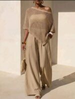 Ensemble femme 2 pieces maille tricot ajouree et pantalon fluide kaki taille 40 42 maternita dakar