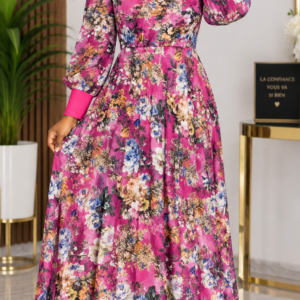 Robe Longue Évasée Fleurie Fuchsia – Taille 38 (Déstockage) | Bambinerie Maternita Dakar